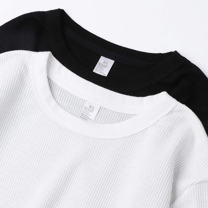 270g pesado em torno do pescoço primavera outono branco camiseta Waffle cor sólida masculino feminino manga comprida cam