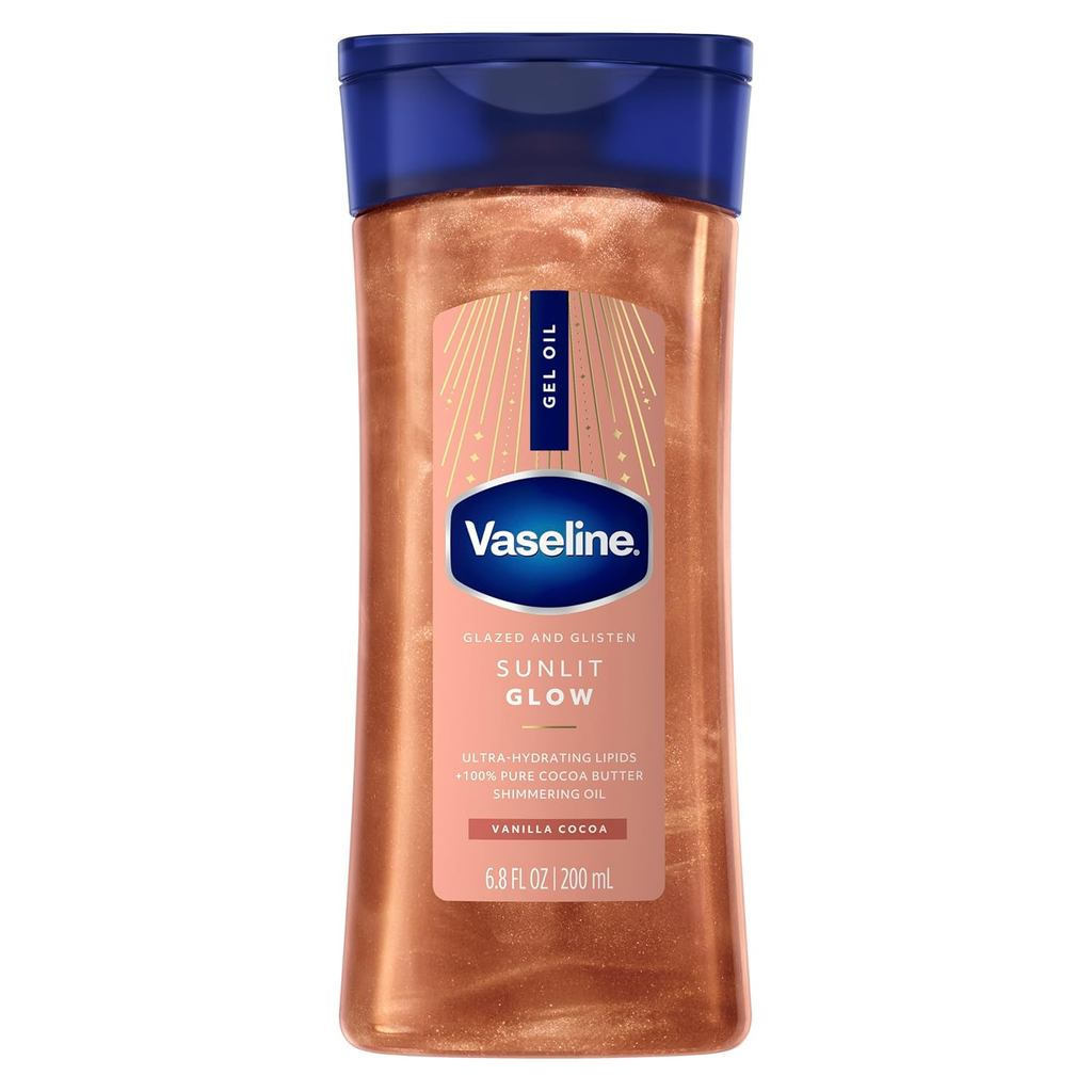 VASELINE Sunlit Glow Glazed and Shimmering Body Gel Oil Vanilla Shine contém lipídios ultra-hidratantes e 100%