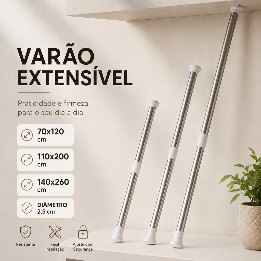 Varão Extensível Ajustável Barra para box Cortina Sem Furo Bastão Aço Inox Suporte Telescópico Banheiro Janela Porta