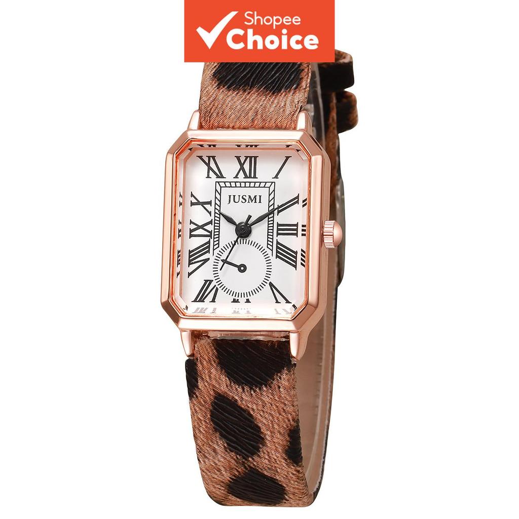 Relógio feminino de estampa de leopardo retrô, pequeno e quadrado, nicho de luxo leve, mostrador quadrado, cinto de alta