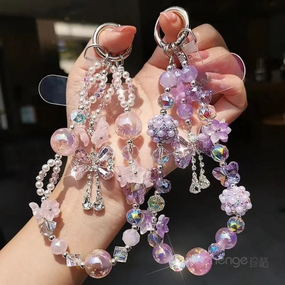 Feito À Mão Frisado Arco Pulseira Do Telefone Móvel Corrente Cristal Borla Encantos Chave Alça Curta Acessório Com Clipe