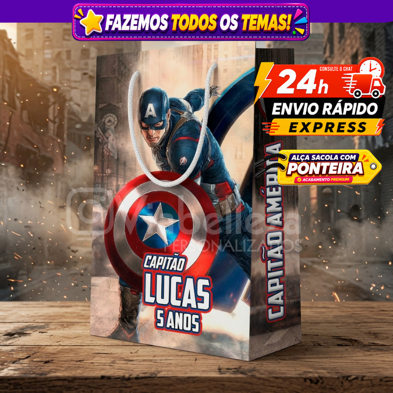 ⭐ Sacolinha Personalizada Capitão America Aniversário • Lembrancinha Festa Infantil Envio Rápido 🎉