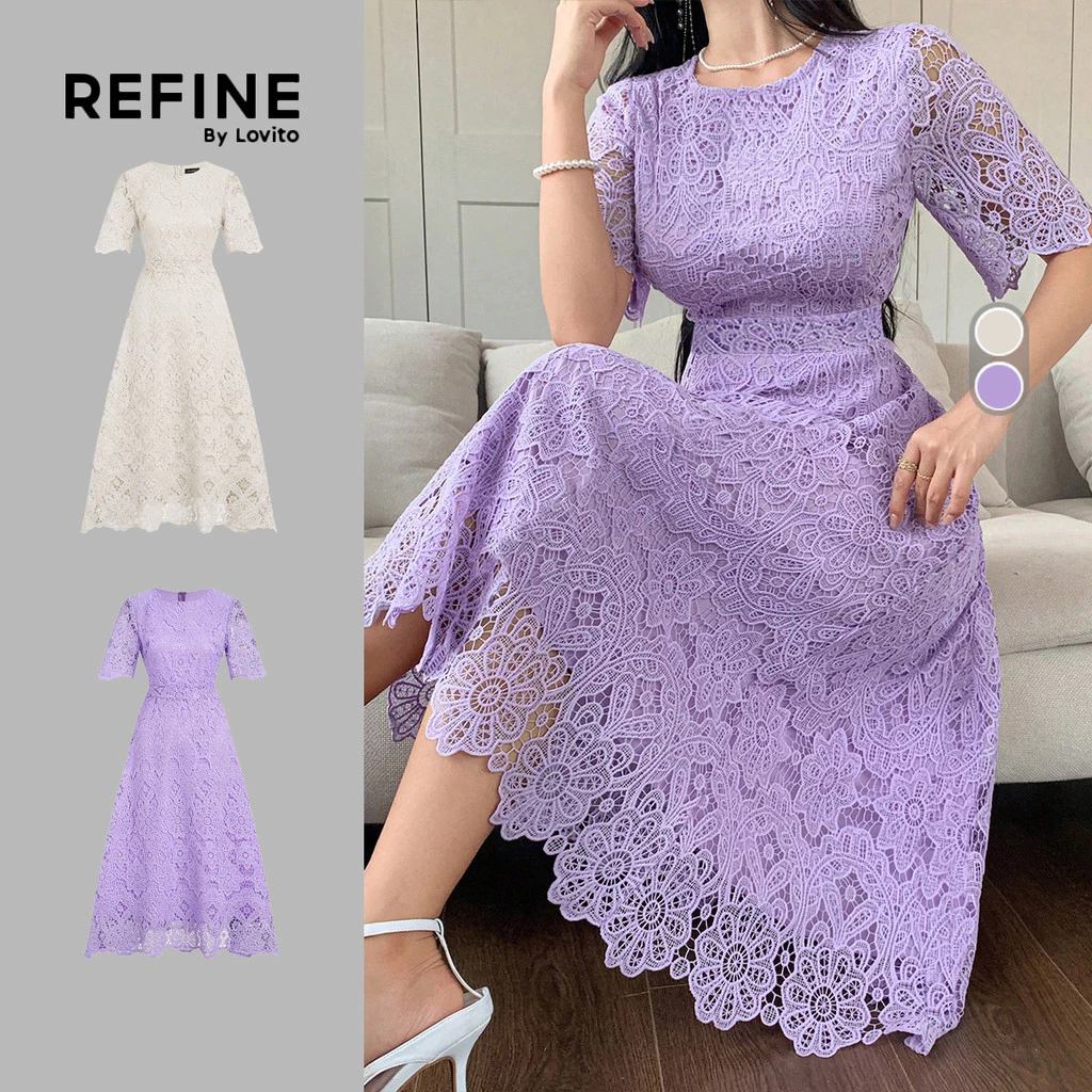 (Refine by Lovito)Vestido Elegante de Renda Oca com Babado Exagerado para Primavera/verão Roxo Feminino Bordado Trabalho LR35E050 — imagem 1