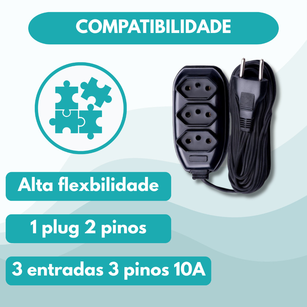 Detalhes do Extensão elétrica de 2, 3, 5 e 10 metros bivolt 110v/220v preta 3 pinos 10A padrão BRA NBR 14136
