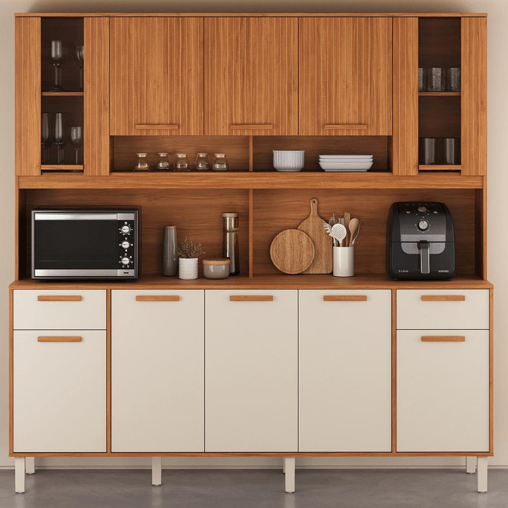 Kit Cozinha Itatiaia Itafriz 200cm 10 Portas 2 Vidros 2 Gavetas Cinamomo/Off White