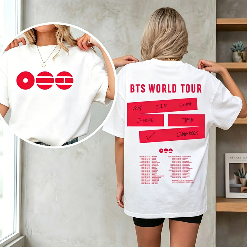 Camiseta Masculina Feminina Oversized Estampa BTS World Tour Streetwear, Camiseta de Algodão Estampada Frente e Verso