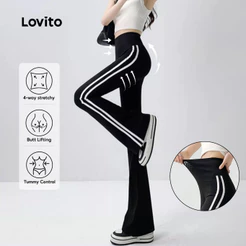Lovito Cintura Alta Casual Leggings Esportivas Verão/primavera Efeito Realçam Silhueta Na Preta Para Mulheres LNE112X019