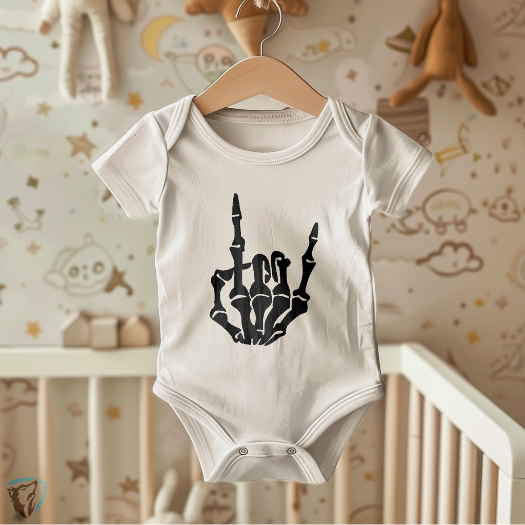 Body Infantil Rock Caveira | Estampa Esqueleto Mão Esqueleto Sinal Rock’n Roll