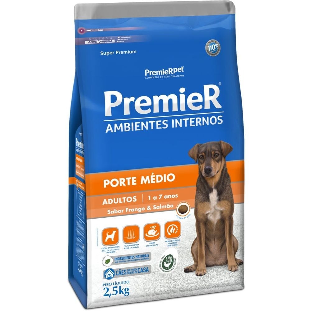 Ração PremieR Ambientes Internos porte médio para cachorros adultos frango & salmão 2,5kg em Oferta na Shopee