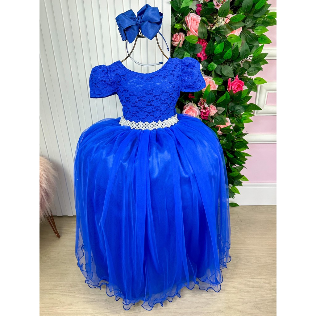 Vestido Infantil Menina Longo Peito Rendado Azul Royal Dama De Honra Daminha Formatura Casamento