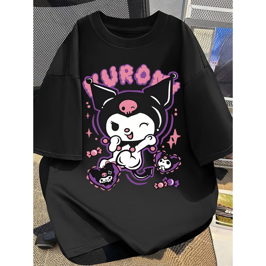 Camiseta Feminina Premium Sanrio Gatinha, Gola Redonda, Manga Curta, Estampa Rosa/Roxa, Todas Estações, 100% Algodão