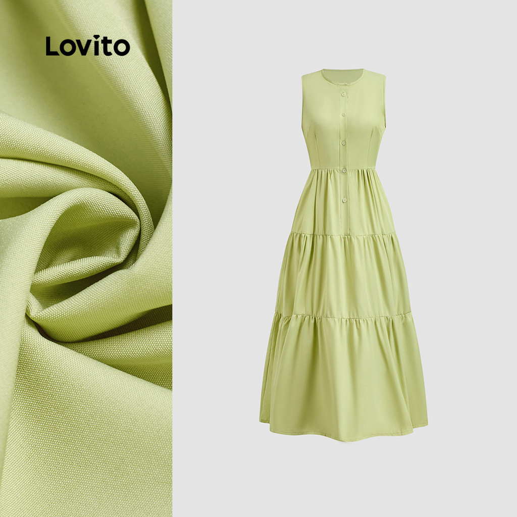 (New) Lovito Vestido Casual de Estrutura de Linha com Botão para Primavera/verão Verde para mulheres L149ED1235 em Oferta na Shopee