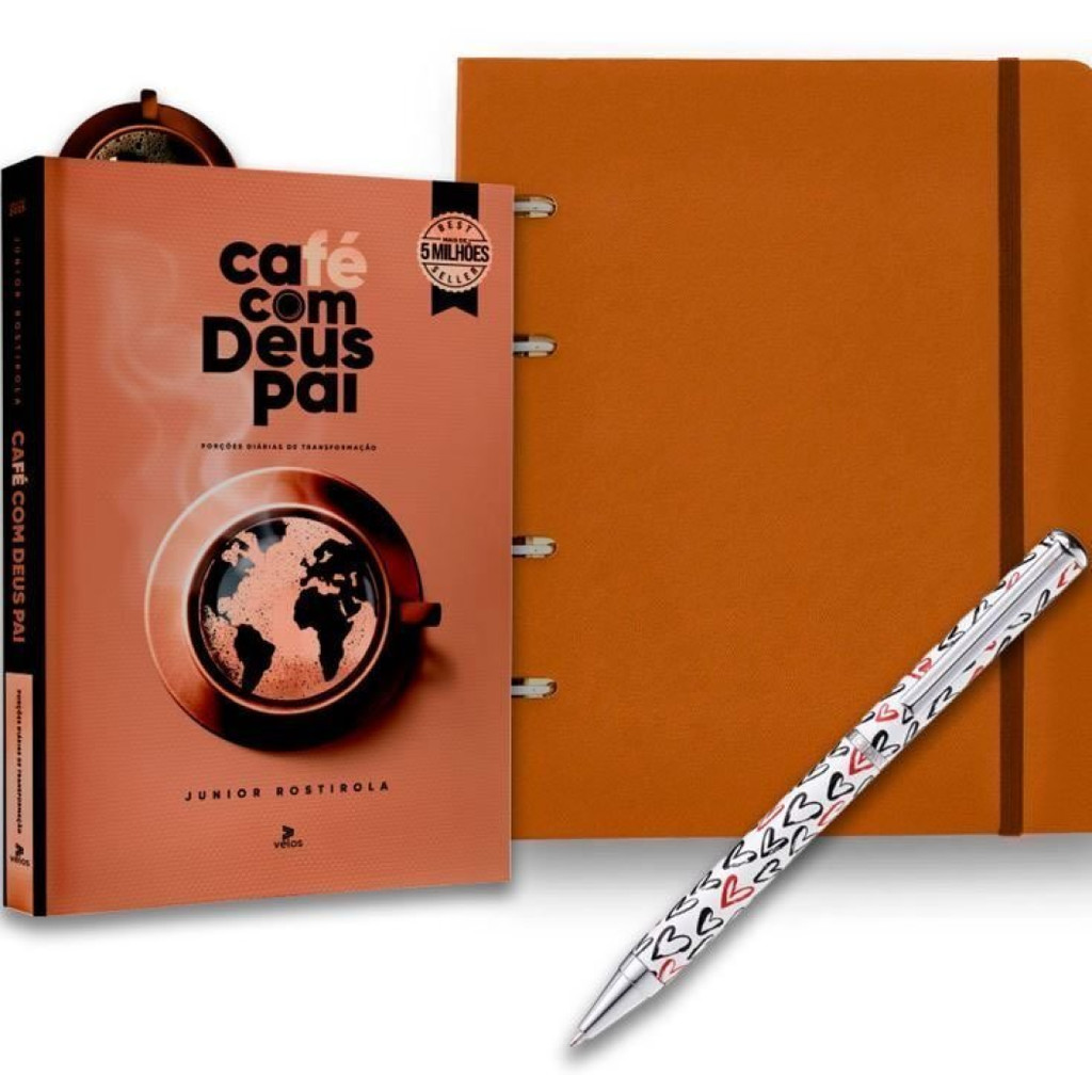 COMBO CAFÉ COM DEUS PAI 2025+CADERNO CRIATIVO ARGOLADO PAUTADO CARAMELO+CANETA CROWN TOP