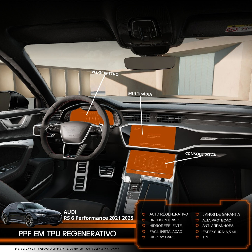 Película PPF Proteção Kit Interior Básico Audi RS6 Performance 2021 2022 2023 2024 2025 Transparente TPU