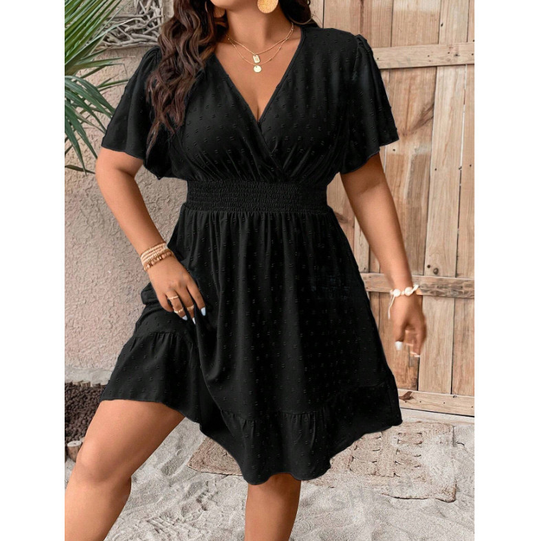 Detalhes do Vestido Duna Pipoca Plus Size Manga Morcego Decote V Transpassado