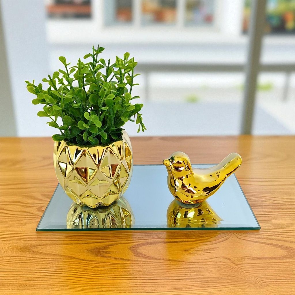 Kit Conjunto Vaso Planta Artificial Pássaro Passarinho Bandeja Espelhada Decoração Enfeite de Mesa Dourada Rose Gold