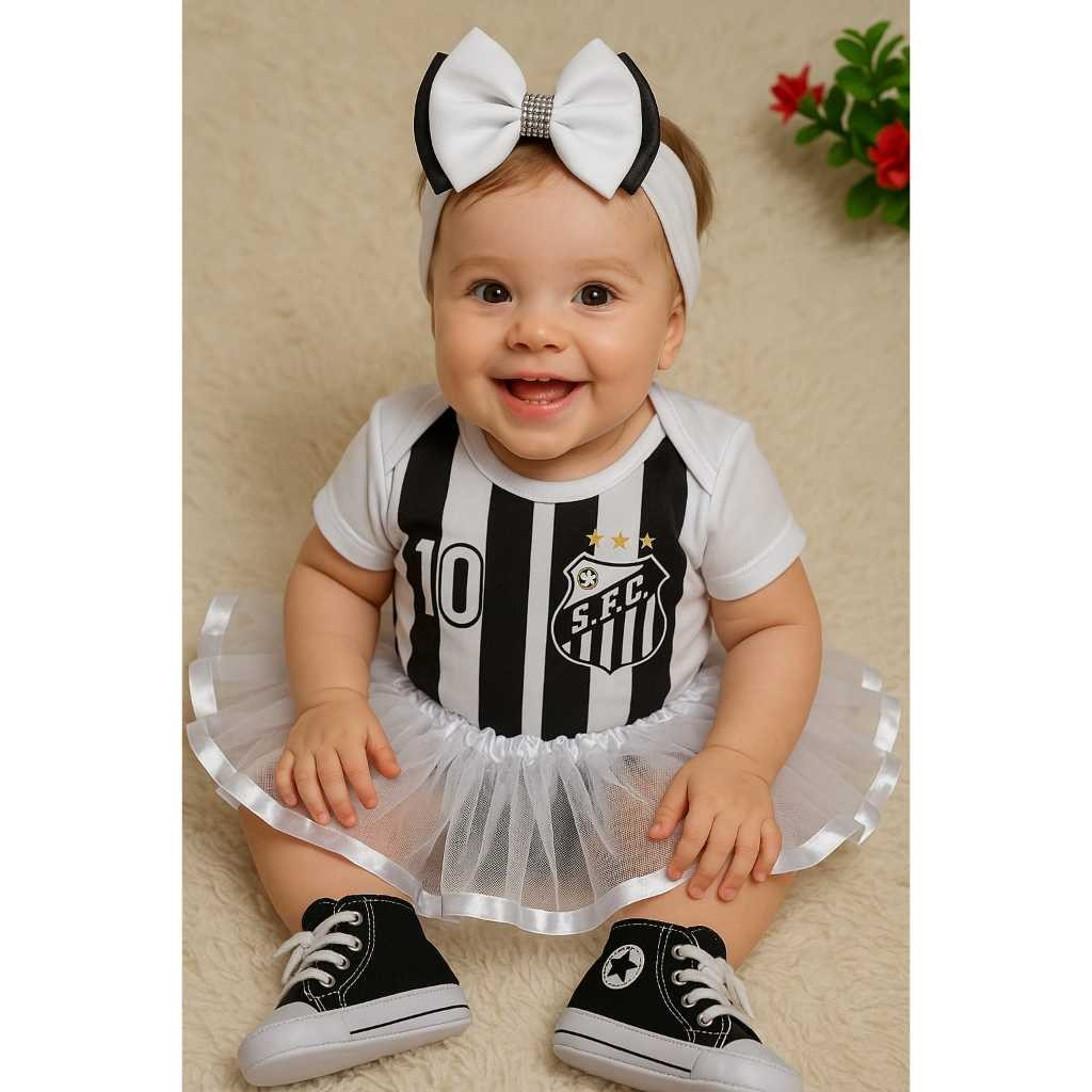 Body Bebê Menina PRETO/BRANCO | Time da Vila | Chope Peixe | Vestido Temático Mesversário com Saia e Laço