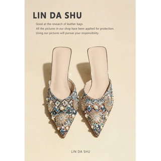 [Tio Lin] Strass Pérola Sandálias de Salto Alto Chinelos Mulheres Verão Salto Stiletto Slip-On Baotou Metade @-