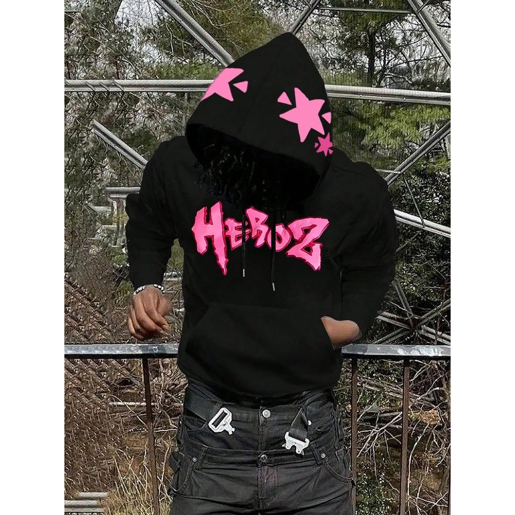 Moletom com Capuz Estampado com Asa e Estrela Streatwear Unissex Heroz Y2K