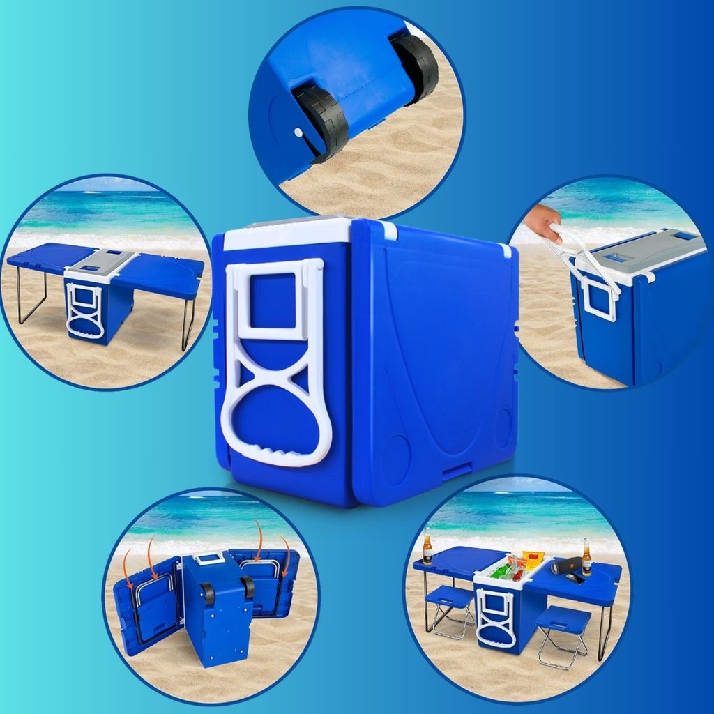 Caixa Térmica Cooler 32 Litros 5 em 1 Praia Camping Acampamento Com Cadeirinha e Mesa