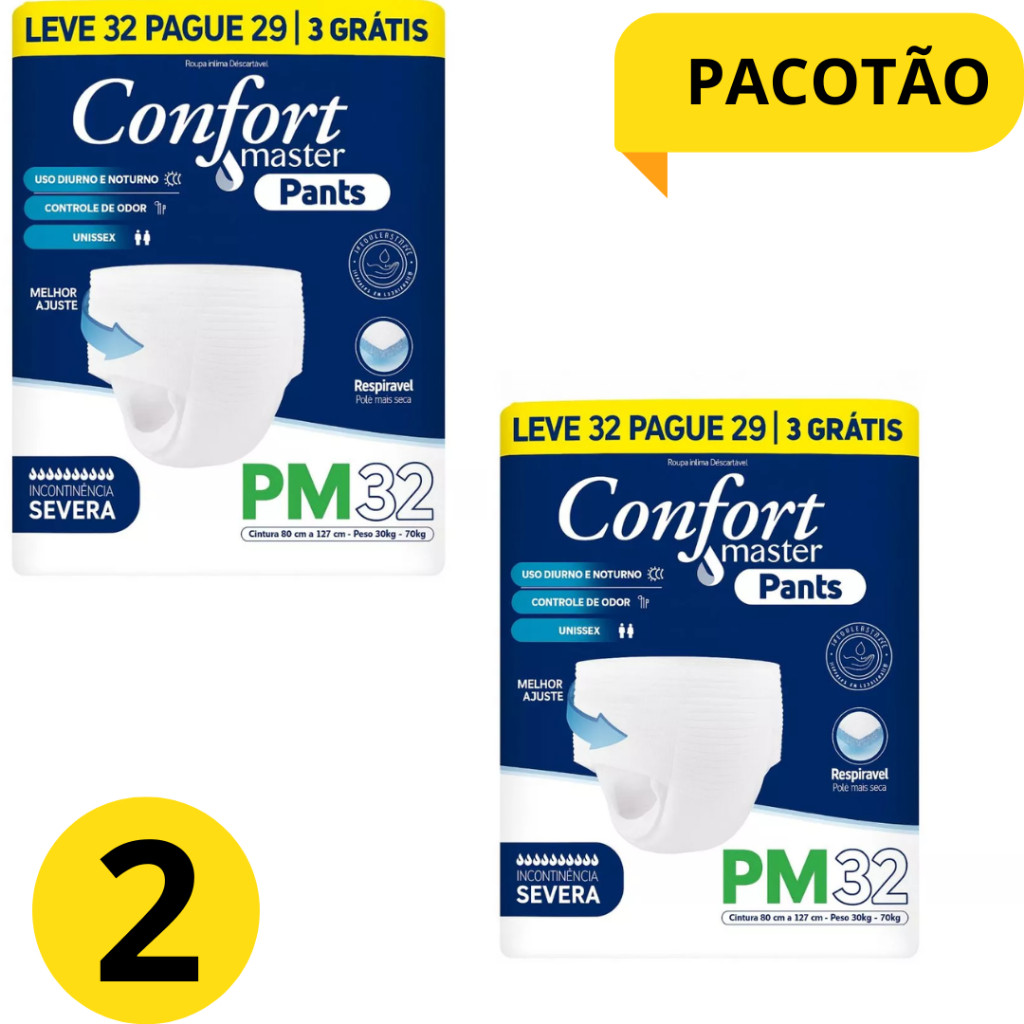 KIT  2 Pcts Fralda Cartão GeriatrIca PACOTÃO Confort Master 64  Unidades Total Incontinecia SEVERA