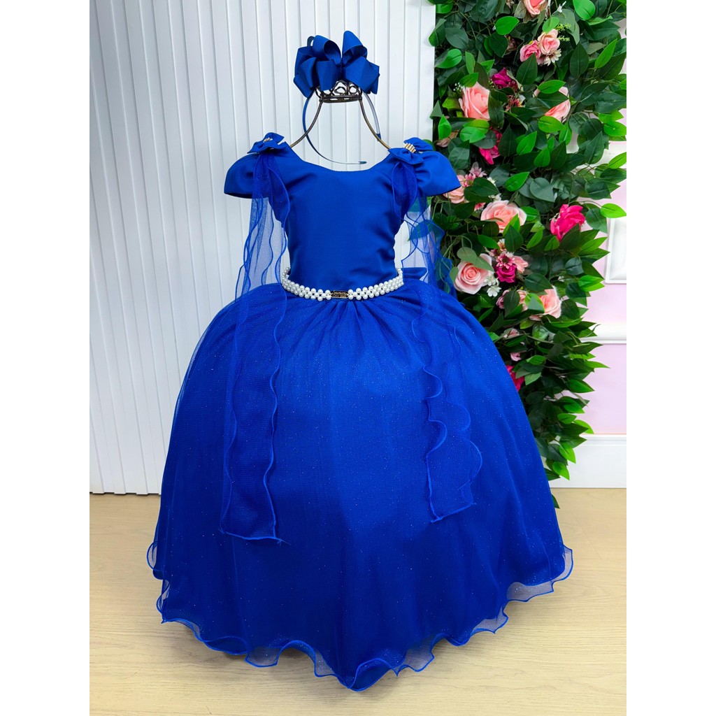 Vestido Infantil Menina Dama De Honra Daminha Formatura Longo Azul Royal Glitter Luxo Casamento