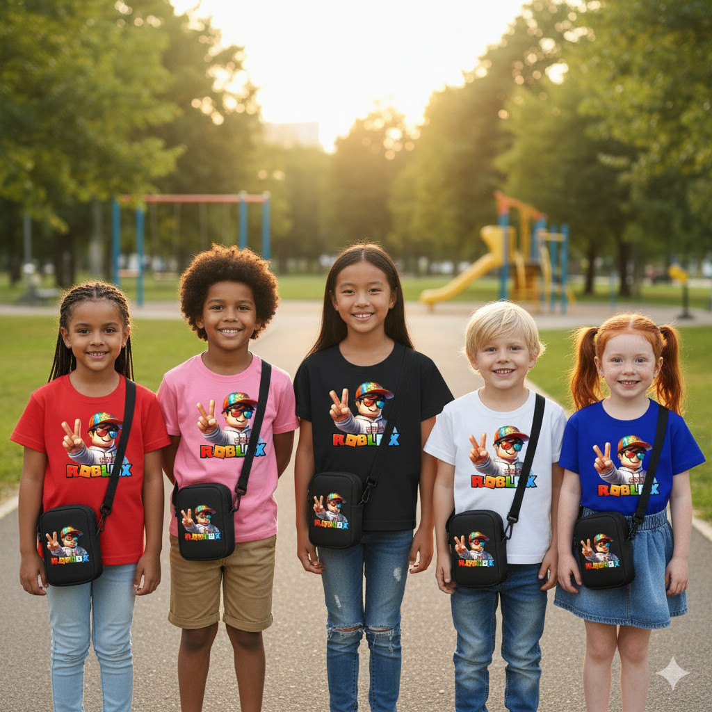 Conjunto Infantil Roblox Original – Camiseta do Jogo + Bolsa Tiracolo para Crianças