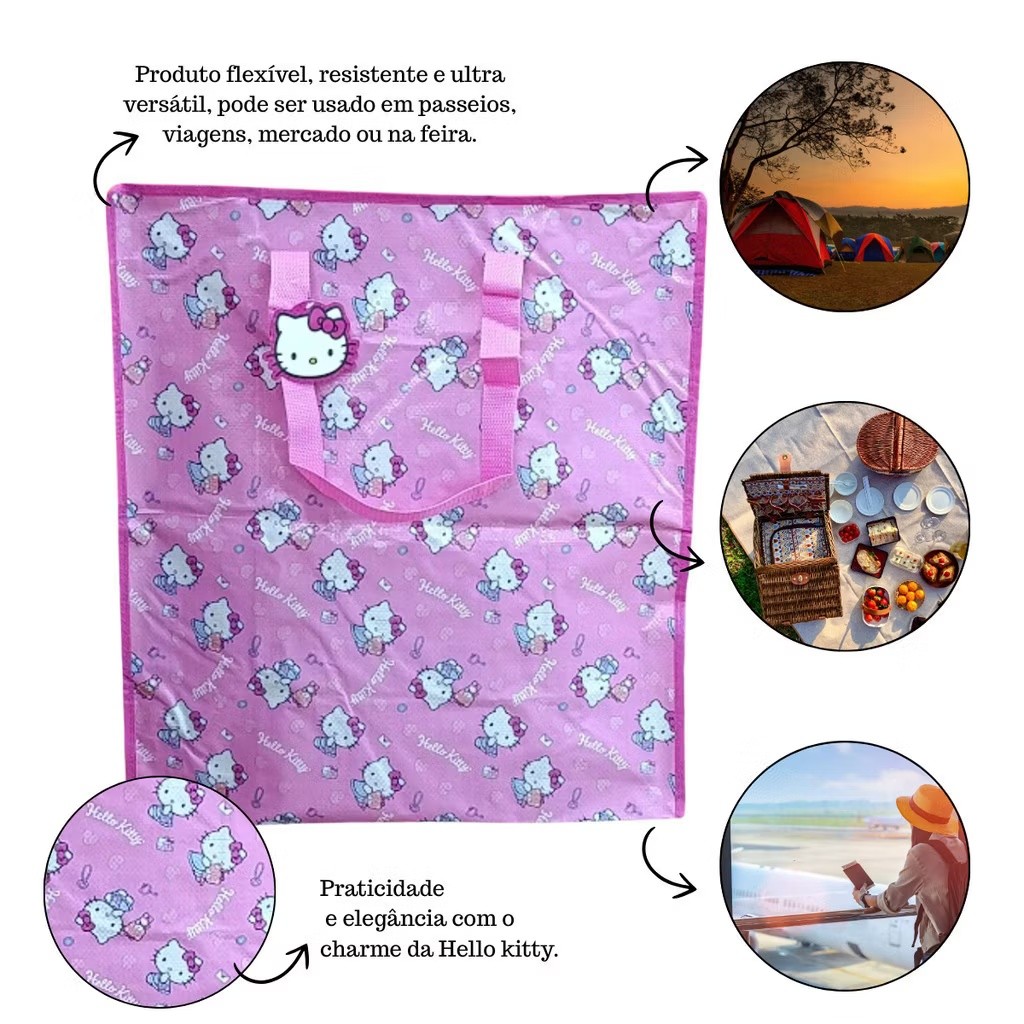 Sacola Multiuso Hello Kitty Rosa | 3 Tamanhos | Material Reforçado c/ Zíper em Oferta na Shopee