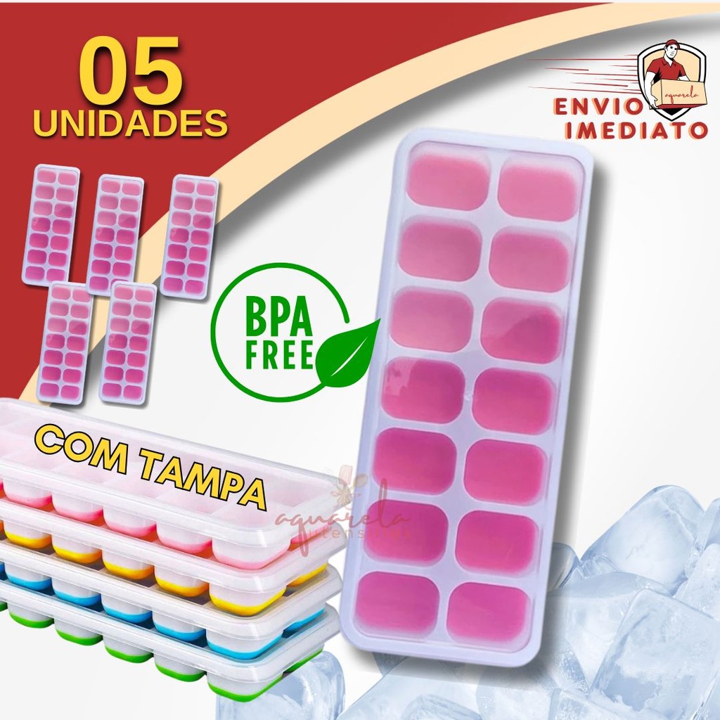 Forma de Gelo Com Tampa Forminha Fundo Flexivel Silicone 14 Cubos Gelo Frutas Papinha