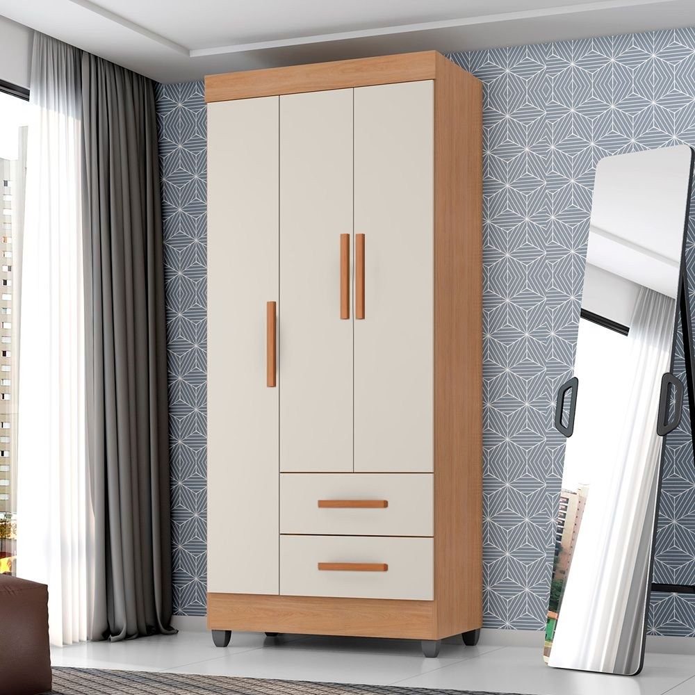 Guarda Roupa Solteiro 3 Portas 2 Gavetas com Pés Lite Nature/Off White em Oferta na Shopee