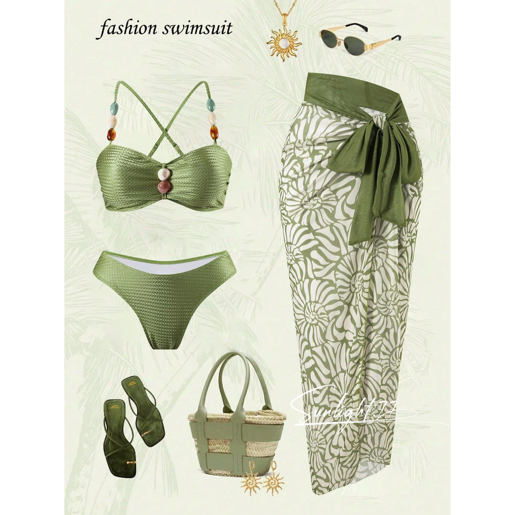 Conjunto de Maiô de 3 Peças, Moda, Maiô de Cintura Alta com Contas, Conjunto de Praia Feminino + Saia de Chiffon