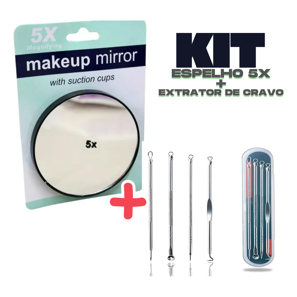 Kit Mini Espelho Ventosa Zoom 5x+ 4 Pinça Extrator De Cravos Prata