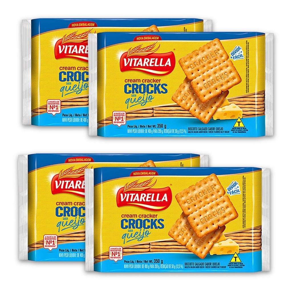 Kit 4un Biscoito Cream Cracker 350G Queijo Vitarella Crocks em Oferta na Shopee