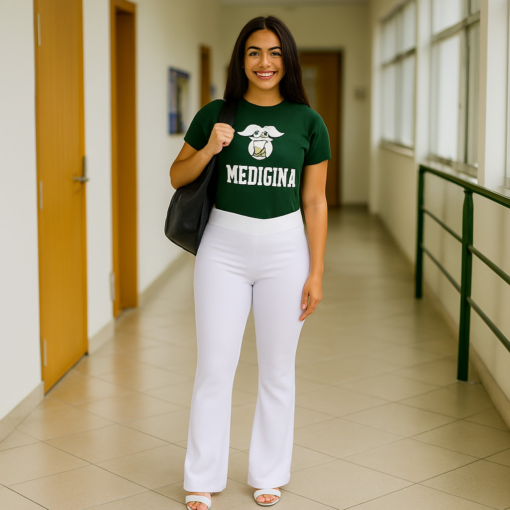 Calça Flare Branca Feminina  Ideal p/ Estudantes de Medicina, Enfermagem, Estética, Academia, Casual
