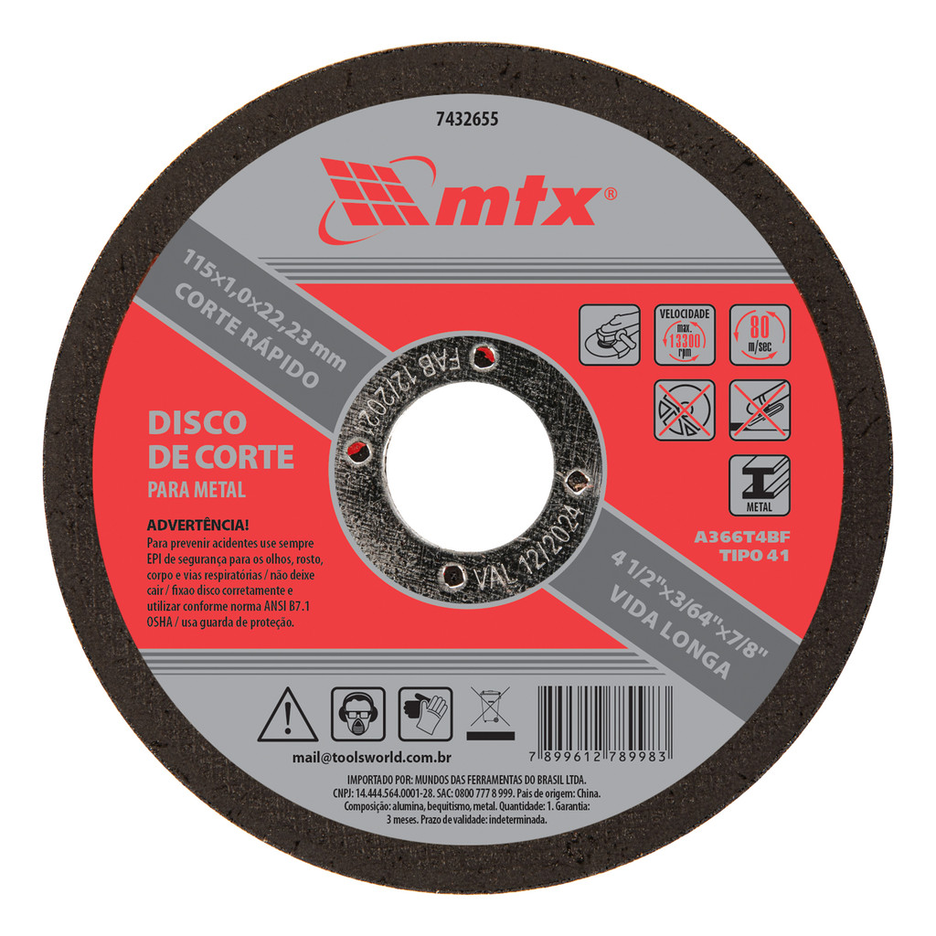 DISCO DE CORTE, PARA METAL, 115 X 1 X 22,23MM, 1PC // MTX em Oferta na Shopee