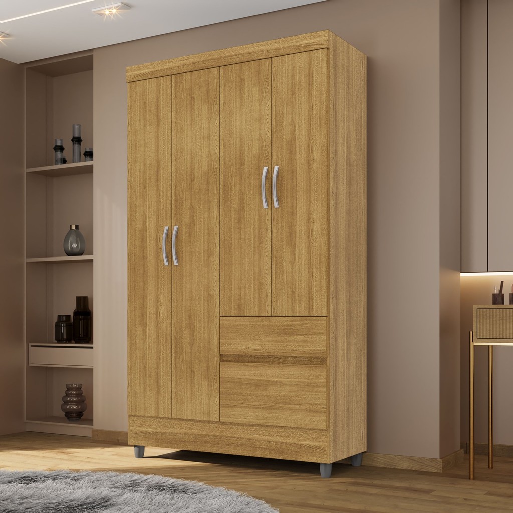 Guarda-Roupa Solteiro 4 Portas 2 Gavetas Panama Nature em Oferta na Shopee