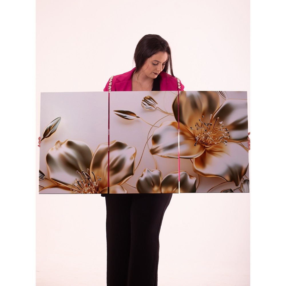 Quadro Triplo Decorativo Floral Luxo 3 Peças Estampa Dourada em Painel para Sala Quarto Escritório