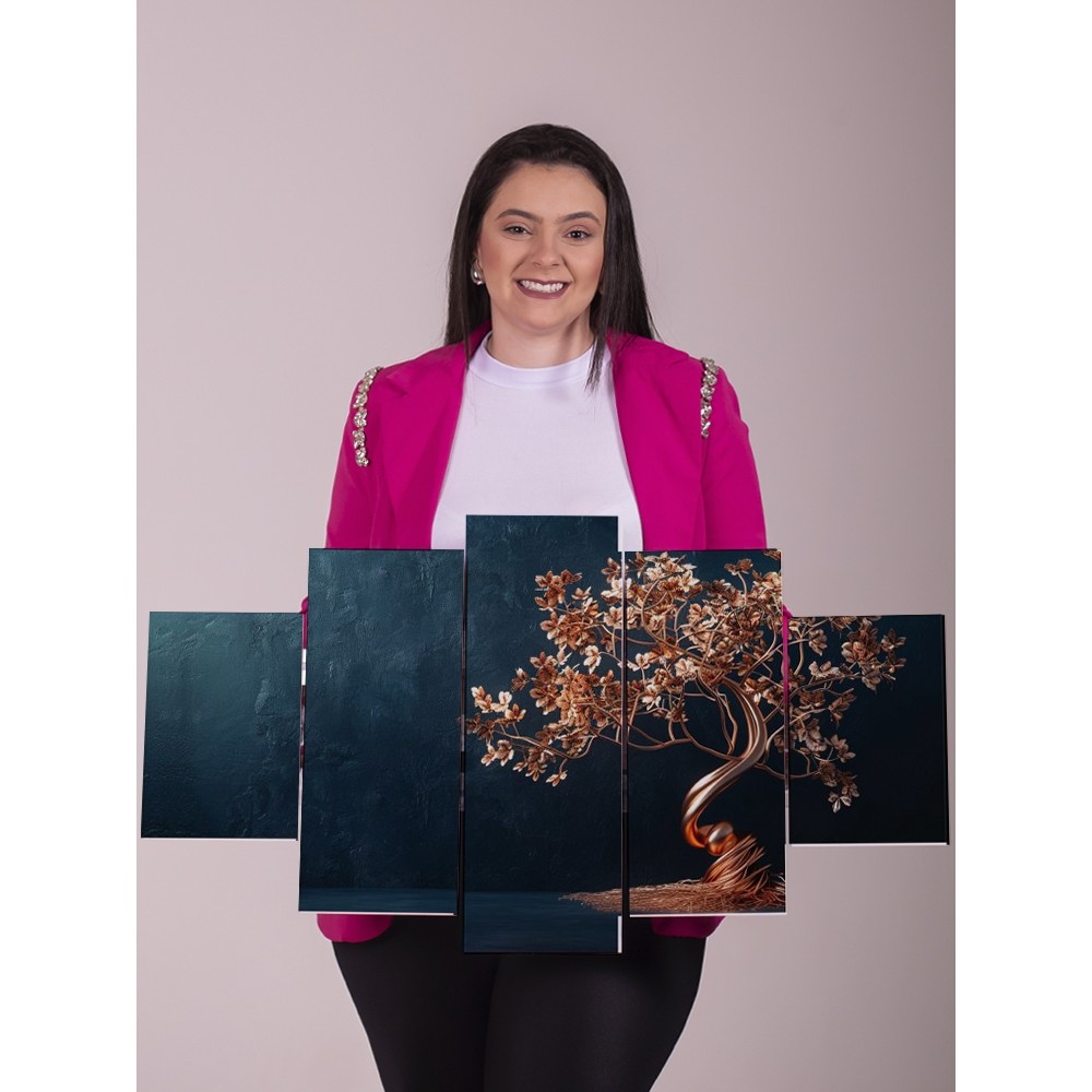 Quadro Decorativo Árvore da Vida 5 Peças Sala Quarto Moderno Luxo Parede