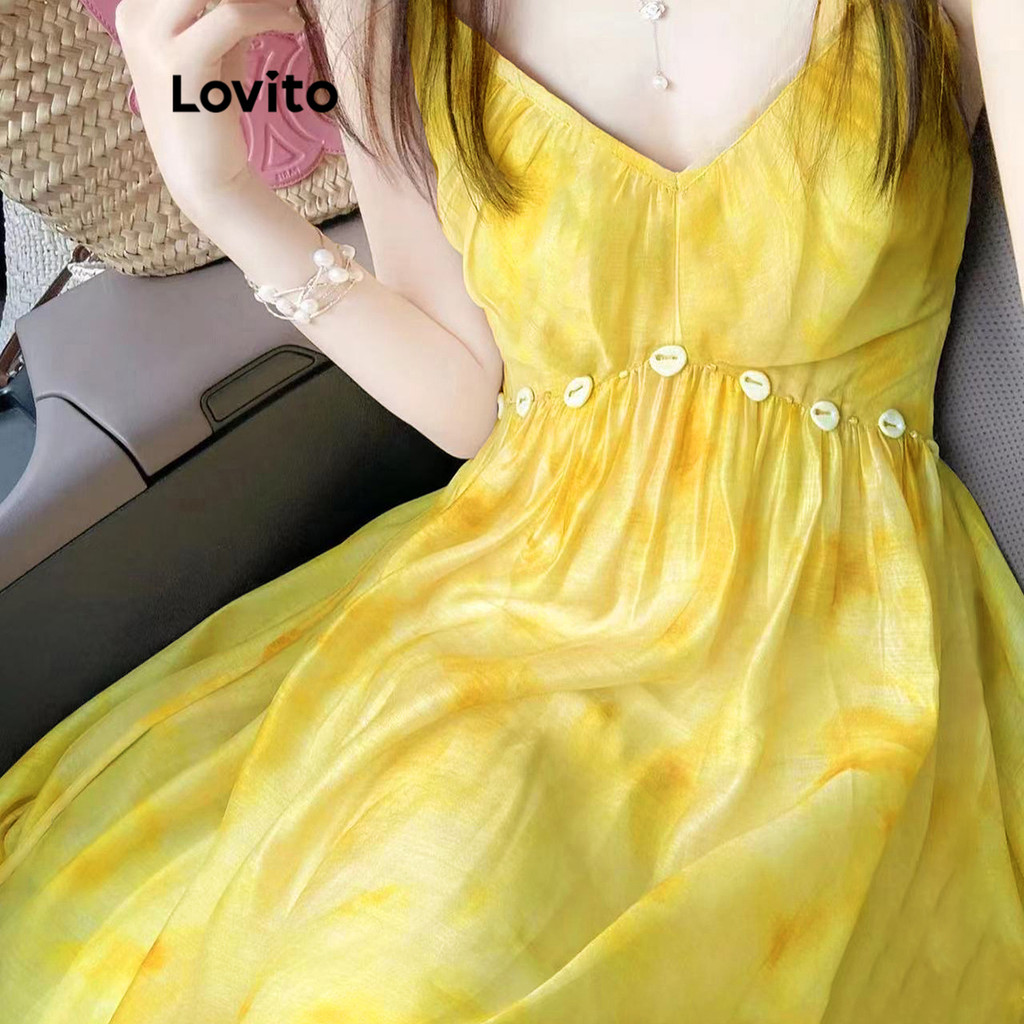 Detalhes do Lovito Vestido Casual Feminino Liso Estampado LNA74049
