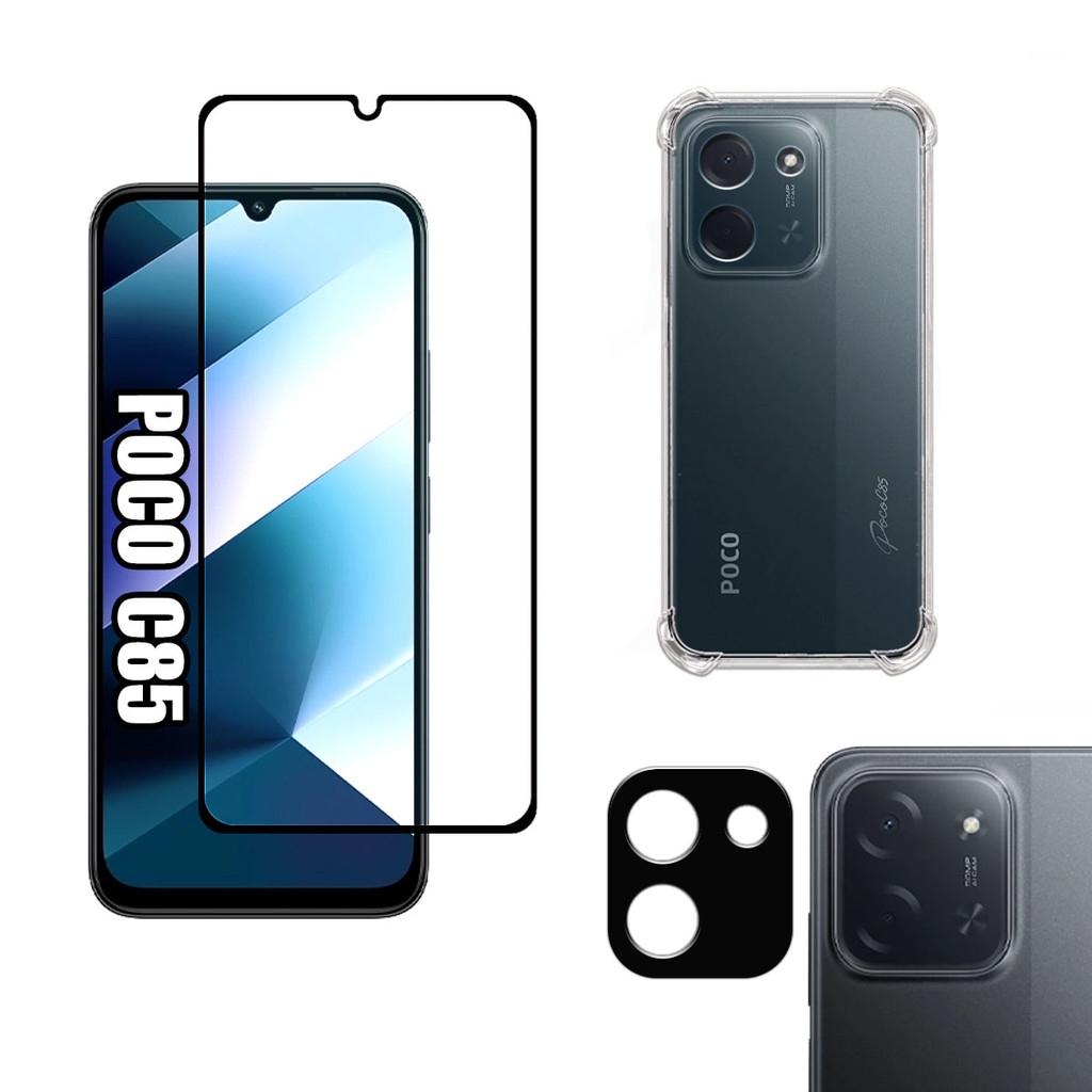 KIT Para Xiaomi Poco C85 - Película de Vidro 3D + Capa + Câmera
