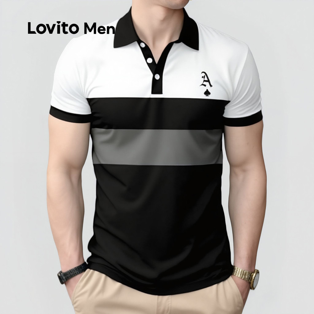 Lovito Men Camisa Polo Casual com Bloco de Cores com Botões para a Primavera/verão para homens LNE118021 em Oferta na Shopee