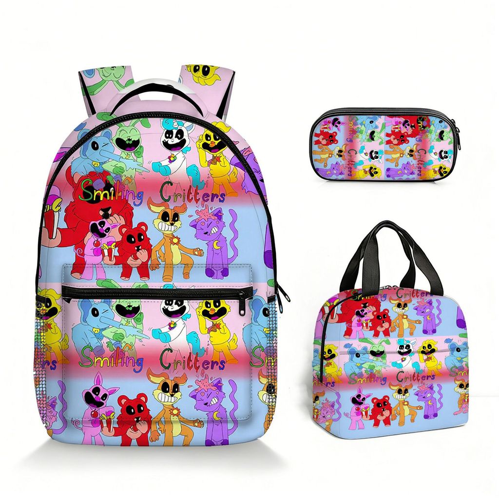 < Horror Bobby Smile} Conjunto de três peças de bolsa escolar + lancheira + estojo para lápis