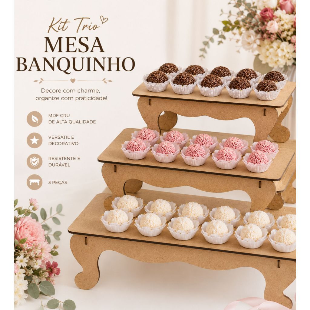 Kit Festa 3 Bandejas 3 Tamanhos P M G Mdf Cru Decoração De Mesa Festa Infantil Para Bolo Doces