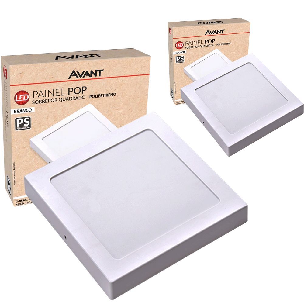 Kit 2 Painel LED Avant 12W Sobrepor Quadrado 6500K Branco Frio 720lm Bivolt IP20