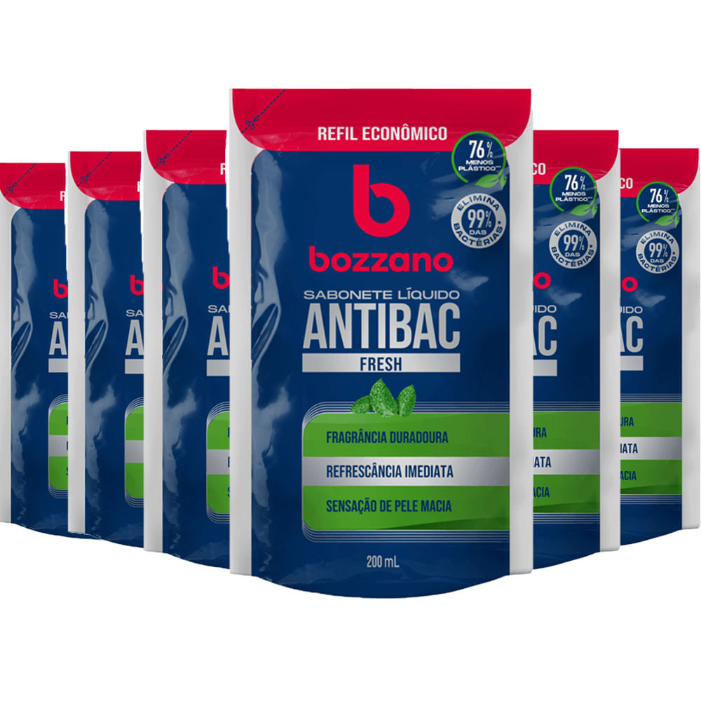 Kit Sabonete Líquido Antibacteriano Bozzano Fresh Refil 200ml - 6 Unidades