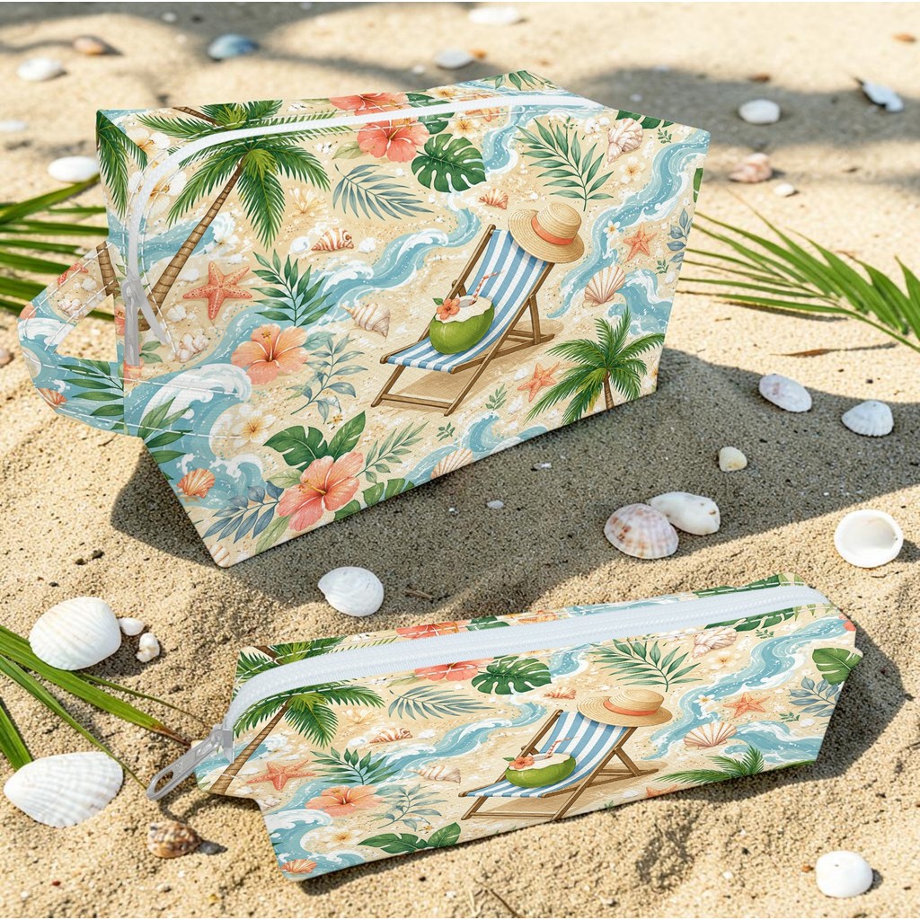 Necessaire Feminina Estampada Praia Tropical com Cadeira Coco e Coqueiros Porta Maquiagem Para Bolsa Viagem e Passeio