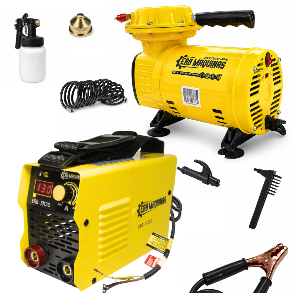 Kit Compressor de Ar Direto Portátil + Inversor de Solda ERB SI130 130A Bivolt com Tela Digital