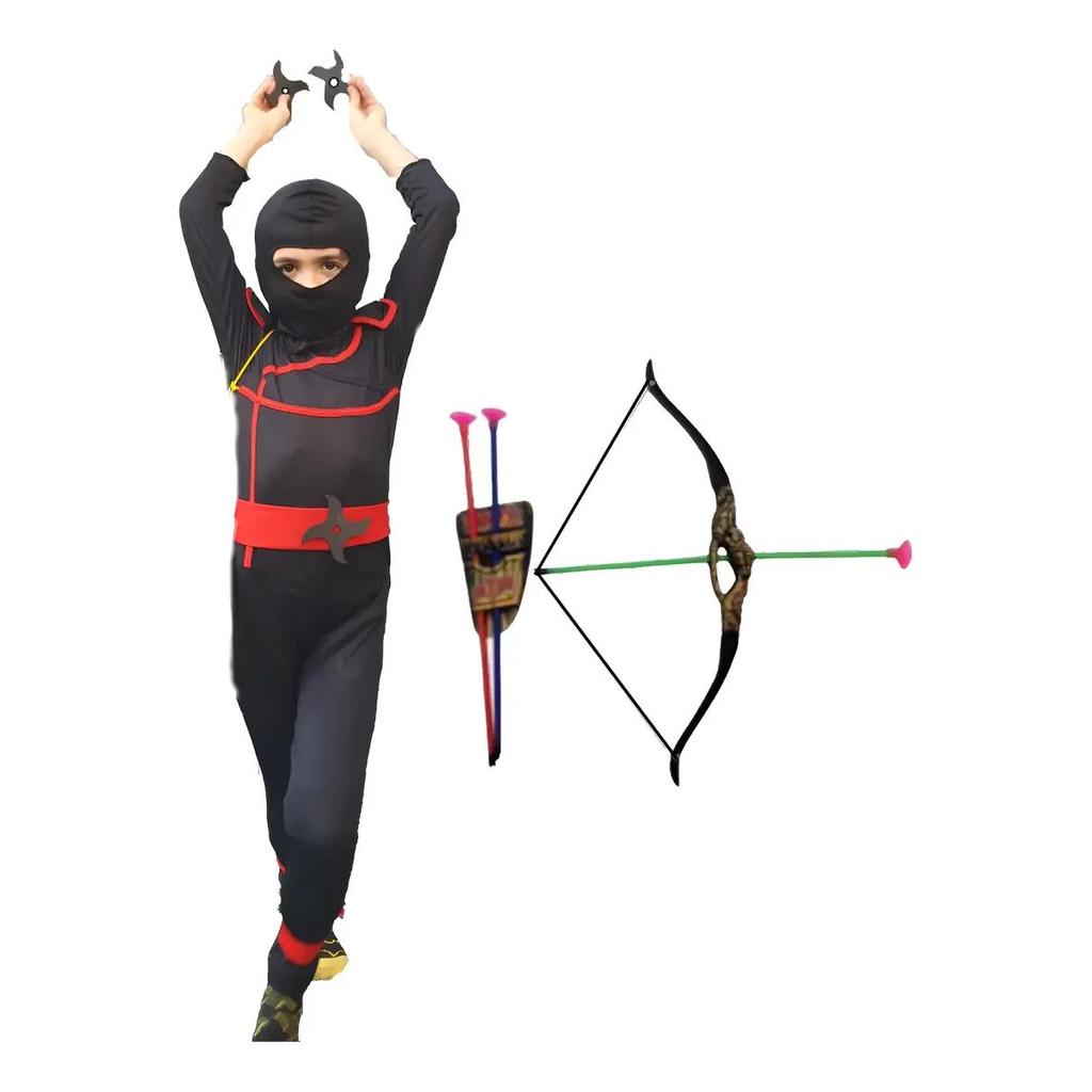 Kit Fantasia Completa Ninja Guerreiro Infantil Longa Preto + Arco e Flecha
