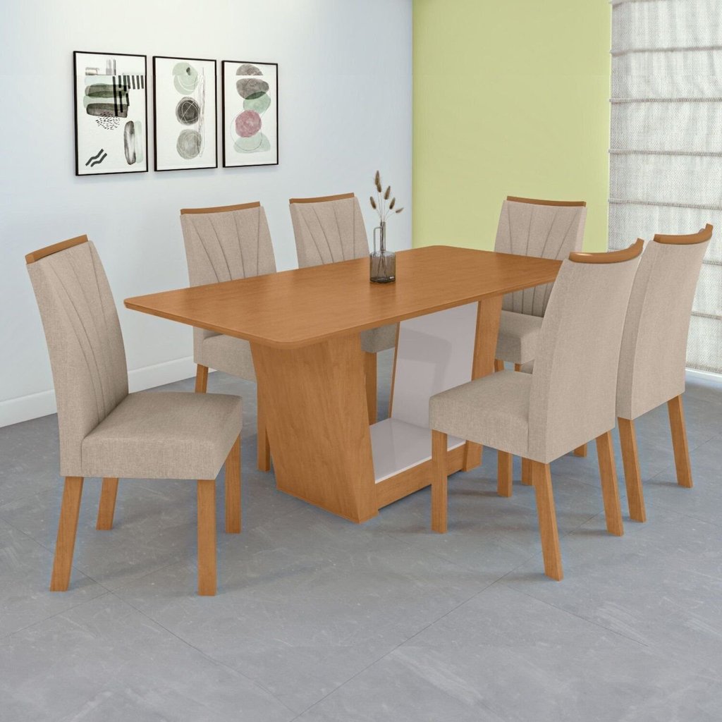 Conjunto Sala de Jantar 6 Lugares Retangular Tampo MDF Mesa e Cadeiras Apogeu Amêndoa/Off White/Bege