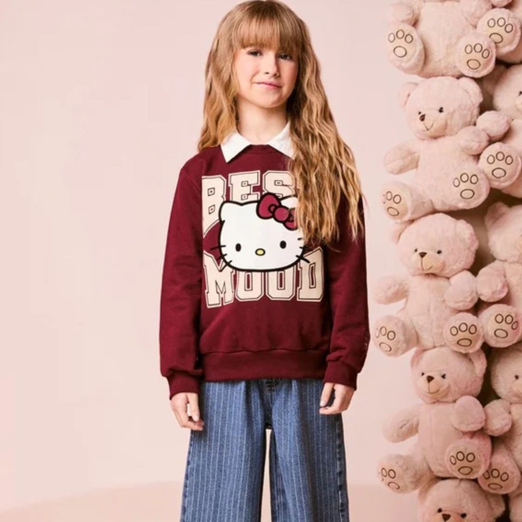 Casaco Over Moletom Hello Kitty Momi Infantil Feminino Vinho Blogueirinha Inverno